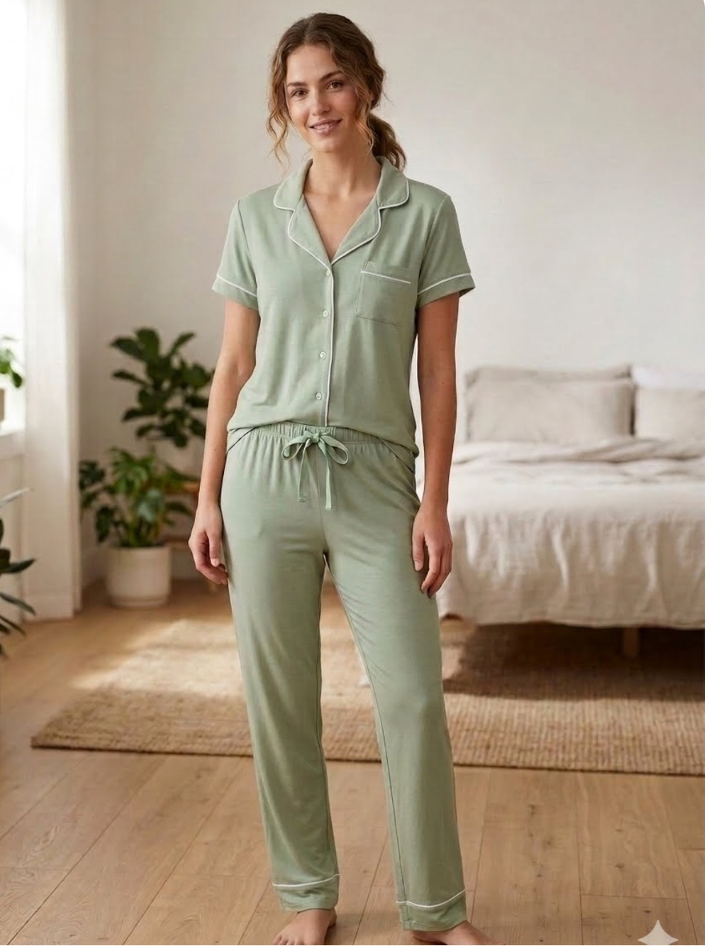 Women's Short-Sleeve Button Pajama Set - Sage Green